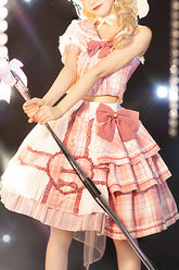 Pink Chest Bowknot One Shoulder Sleeves Plaid Print Suit Sweet Lolita Dress